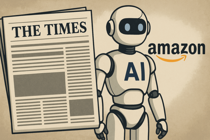 Logos of The New York Times and Amazon connected by a glowing network of digital nodes, symbolizing their first AI content licensing deal.