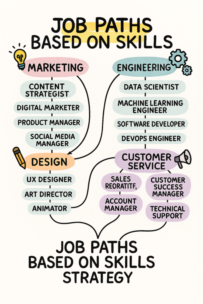 Job Paths Based on Skills – Whether you're in marketing, design, engineering, or customer service, this map shows how your existing strengths can lead to new roles, emerging careers, and industry pivots.