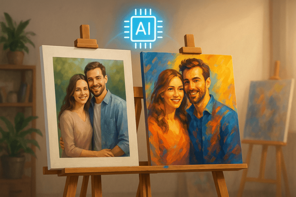 A split canvas on an artist’s easel: the left side shows a photo of a smiling couple, the right side shows the same couple rendered in vibrant digital paint, connected by a glowing blue “AI” microchip icon hovering overhead.