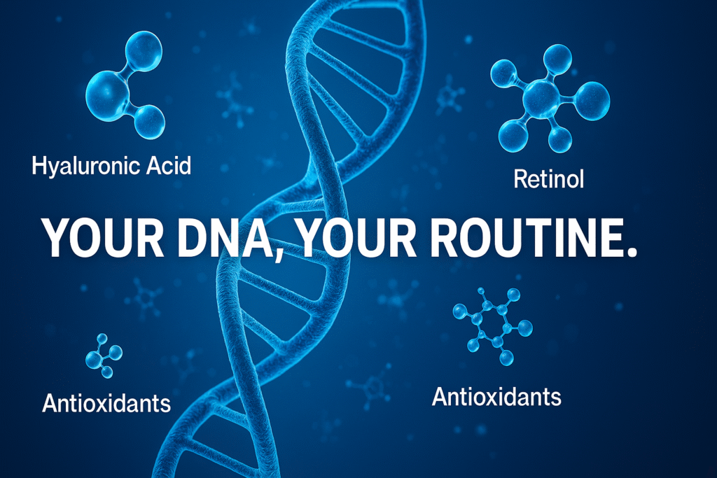 DNA strand with AI-generated skincare ingredient overlays
