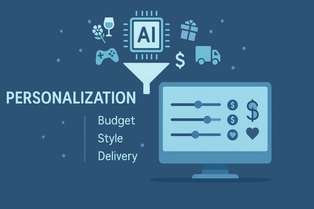Flat-style dashboard on a dark blue background showing an “AI” microchip icon funneling gift icons (wine glass, bouquet, game controller, dollar sign, delivery truck) into sliders labeled “Budget”, “Style”, and “Delivery.”
