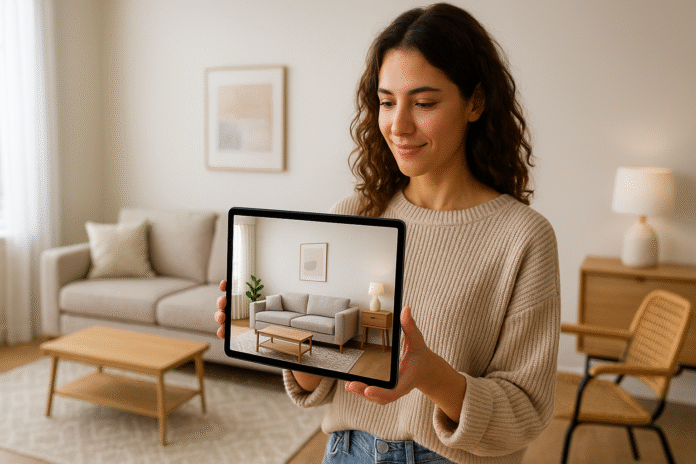 A young woman holding a tablet that displays an augmented reality view of a modern sofa, coffee table, and rug placed in her actual living room