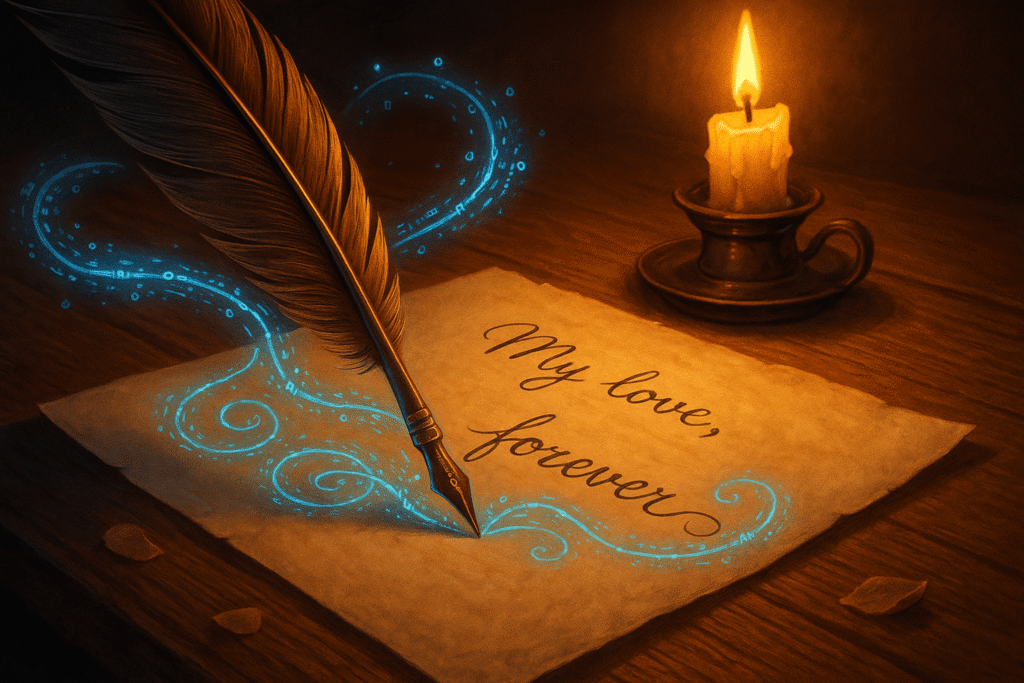 An antique quill pen writing elegant cursive on aged parchment, while glowing blue AI code swirls around the nib, all bathed in the warm flicker of a nearby candle.