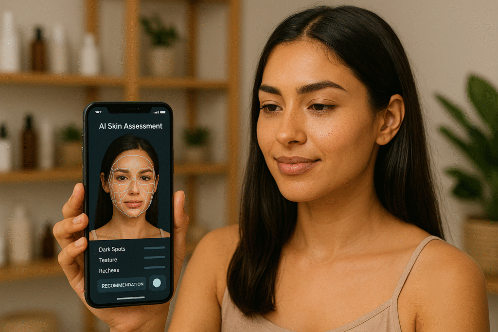 Phone screens showing AI-powered skin analysis tools