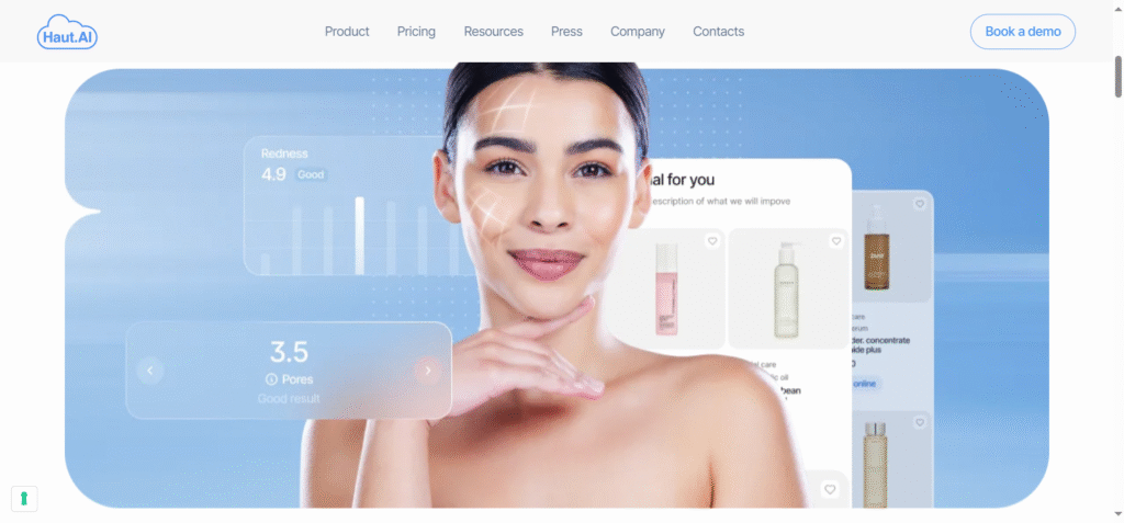 Woman using Haut.AI for real-time skin analysis with personalized skincare product recommendations