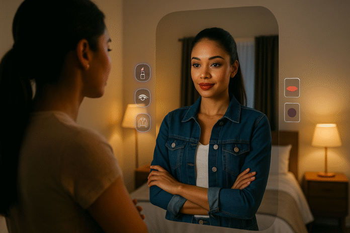 Woman using AI-powered virtual try-on mirror to test makeup and fashion in a bedroom setting