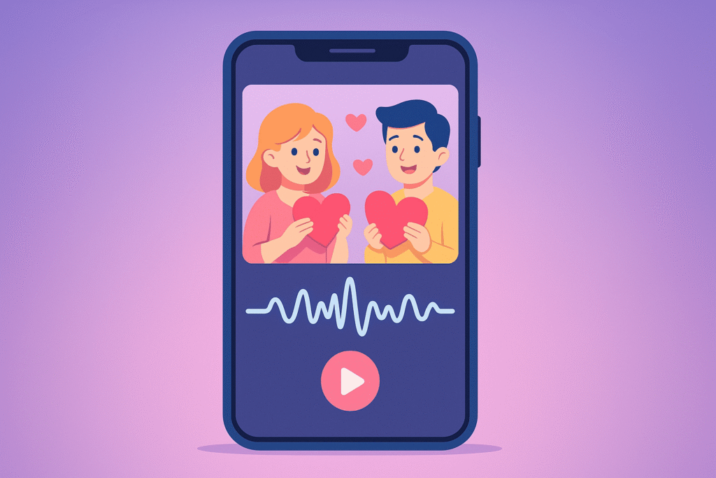 A modern smartphone standing on a peach-colored surface displays an animated e-card: two cartoon characters holding red hearts, a blue waveform below, and a large play button icon, all set against a gradient purple backdrop.