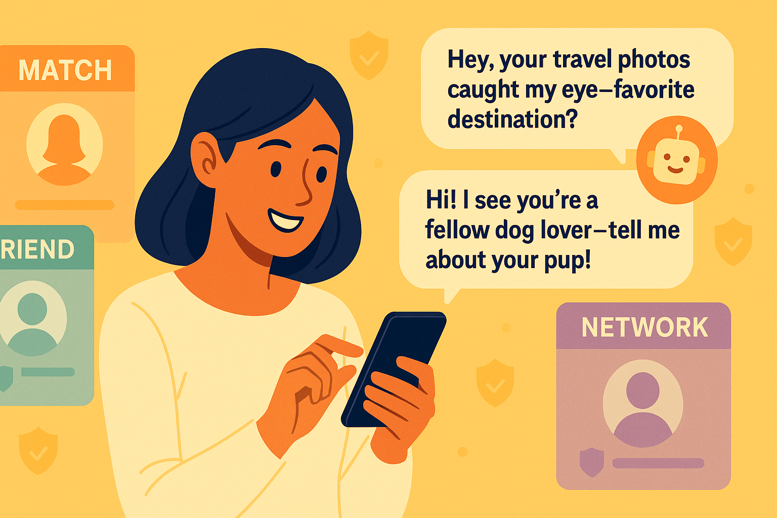 Woman using phone with AI icebreaker suggestions
