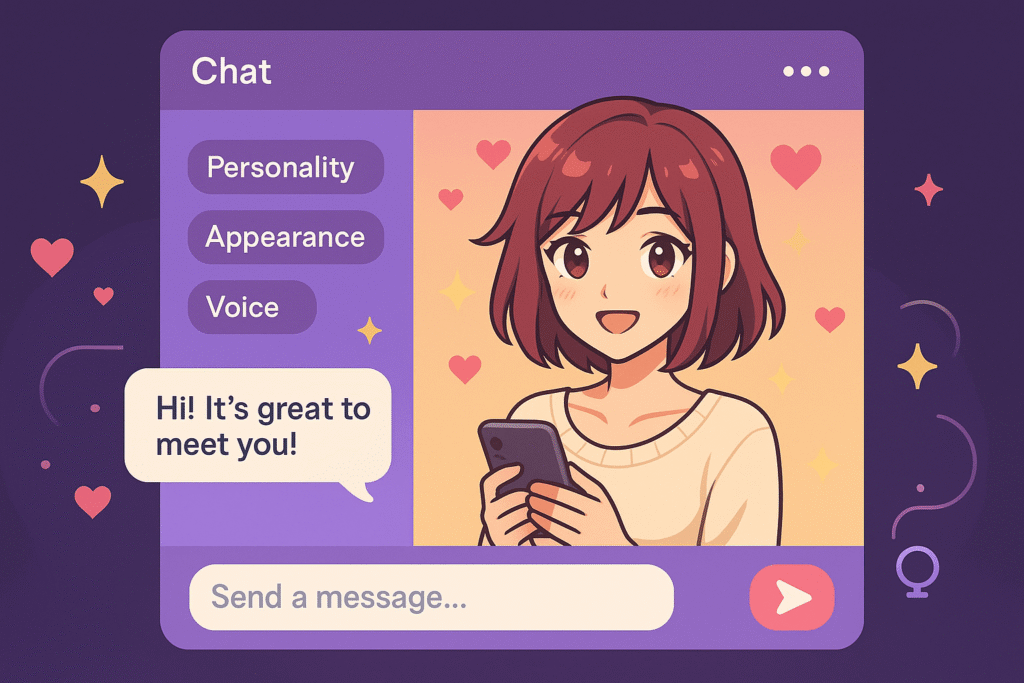Chat window with customizable anime-style AI companion avata
