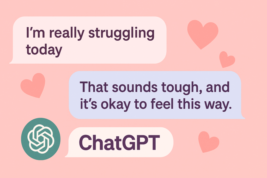 Chat bubbles: “I’m really struggling today” and ChatGPT reply “That sounds tough, and it’s okay to feel this way,” with heart motifs