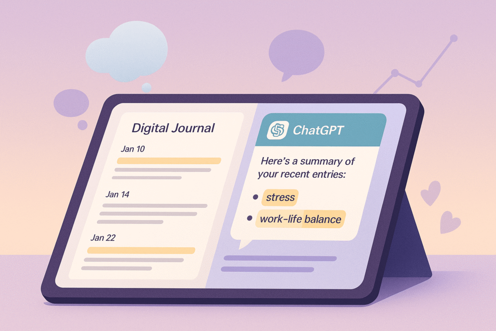 Tablet showing digital journal entries on the left and a ChatGPT summary highlighting keywords on the right