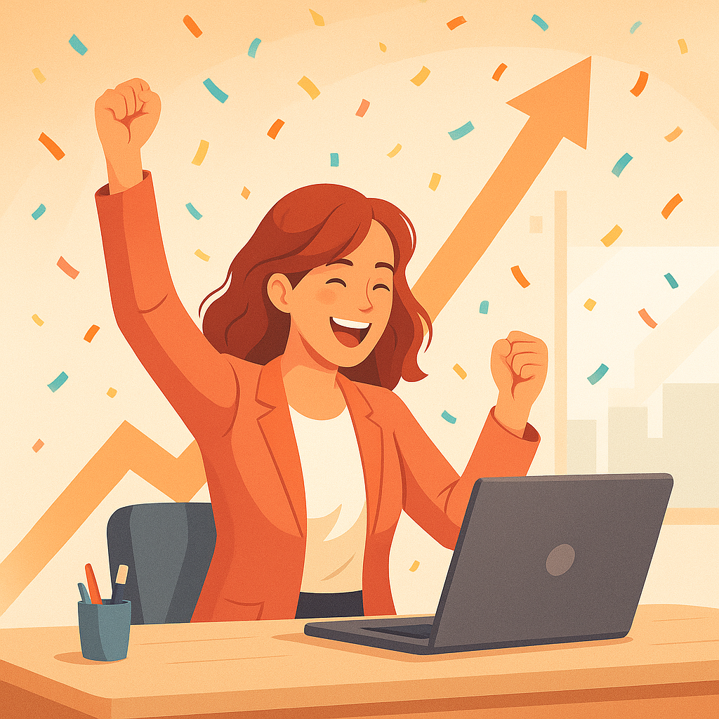 Woman celebrating at desk with upward arrow and confetti.