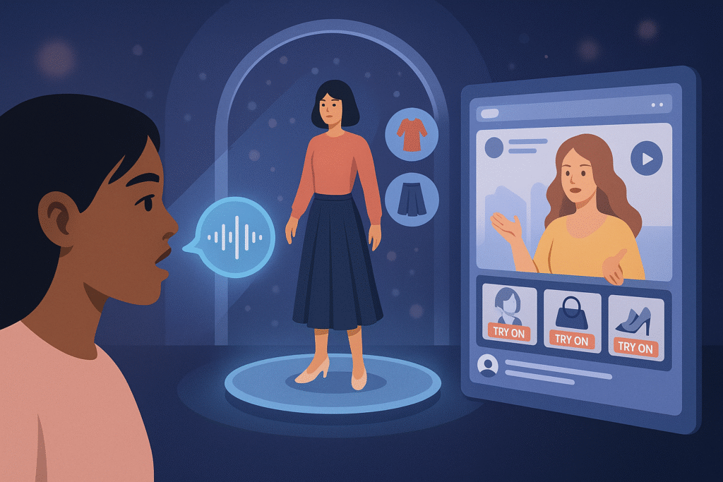 Illustration of a woman speaking to a voice assistant while a digital avatar tries on clothes, alongside a livestream shopping interface