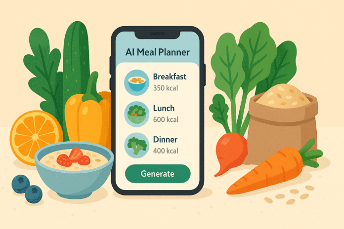 Smartphone showing AI meal-planning app beside fresh produce on a kitchen counter.