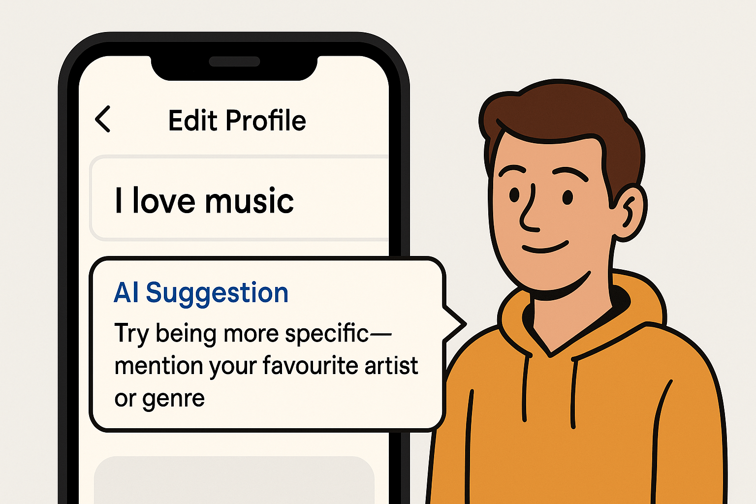 Mobile view with AI-prompt feedback on profile text