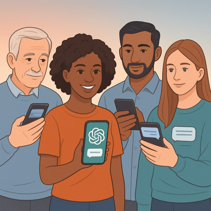 Diverse group holding smartphones with ChatGPT chat bubbles on a soft gradient background