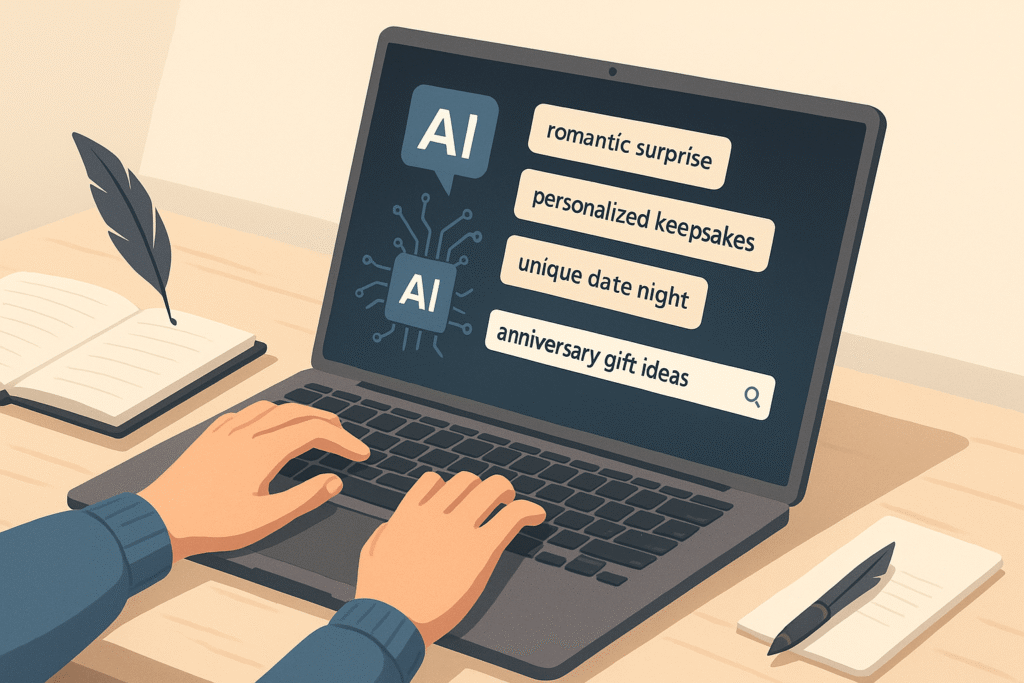 A pair of hands typing “anniversary gift ideas” into a sleek AI gift-generator web interface on a laptop, with a quill pen and open notebook resting beside it on a minimalist wooden desk.