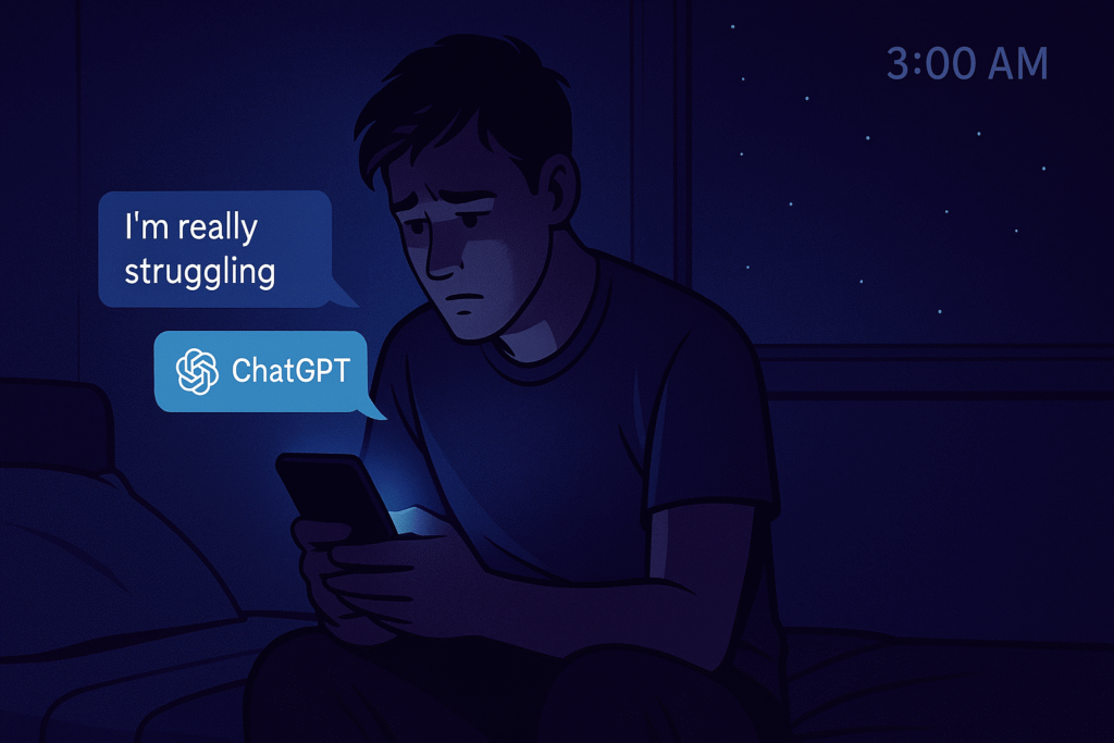Person in a dark bedroom at 3 AM illuminated by the glow of their phone screen showing a ChatGPT chat