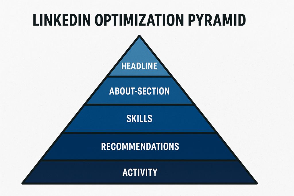 The LinkedIn Optimization Pyramid – Nail your headline and summary first, then work your way down to maximize profile strength and search visibility.