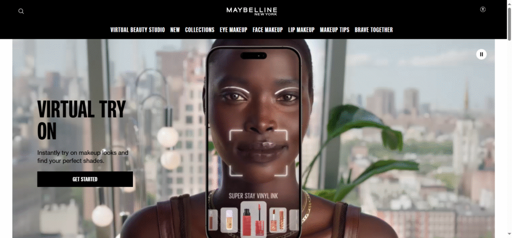 Maybelline homepage showcasing lipstick and mascara virtual try-on tools