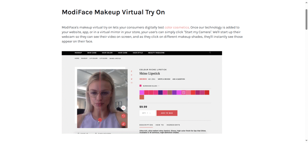 Homepage of ModiFace highlighting AR and AI-based beauty tech for real-time simulation