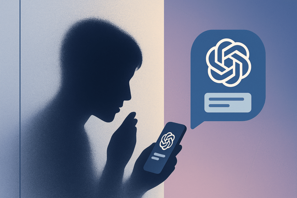 Silhouette behind frosted glass speaking into a floating ChatGPT icon symbolizing private, judgment-free sharing