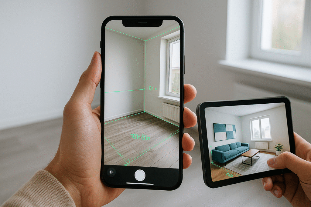 Close-up of a smartphone screen displaying AR measurement markers mapping the dimensions of an empty room