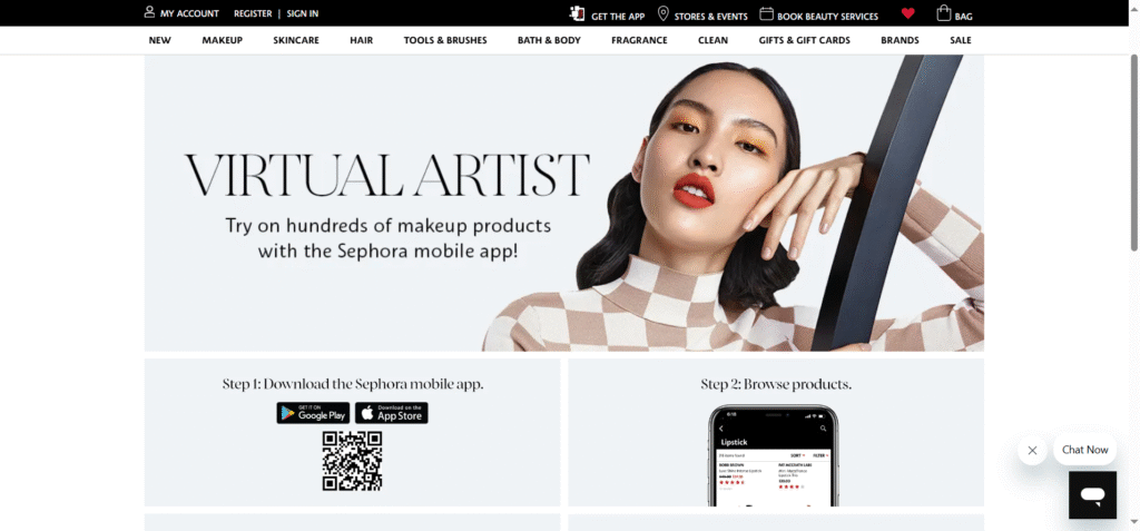 Sephora Virtual Artist homepage showcasing virtual makeup try-on tools