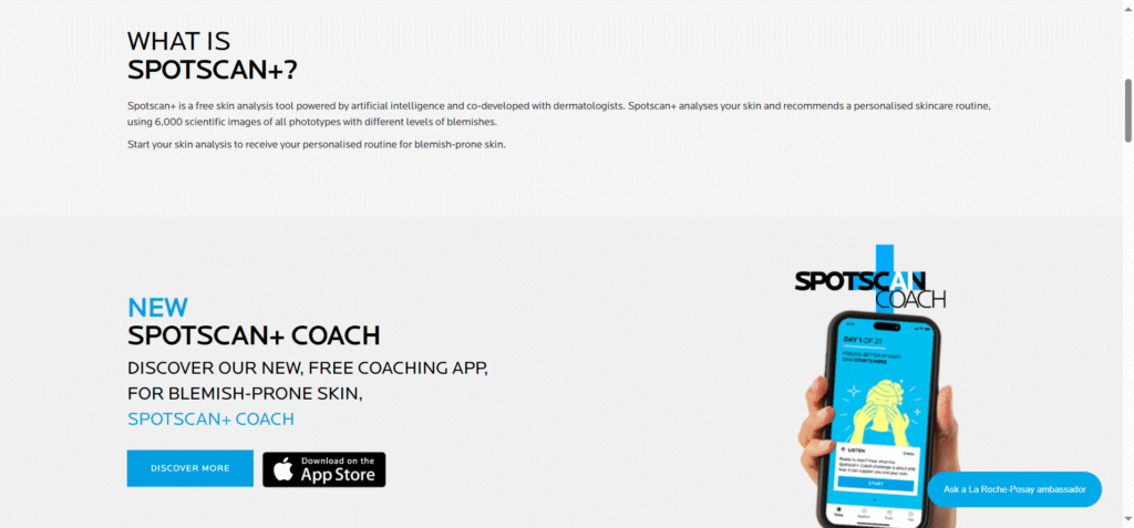 SpotScan+ Coach by La Roche-Posay analyzing blemish-prone skin with an AI-powered mobile app