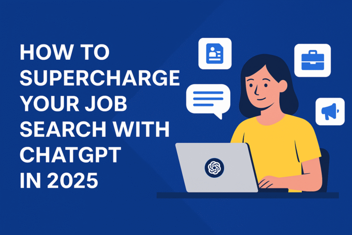Hands typing on a laptop showing ChatGPT alongside icons for resumes, cover letters, and networking.