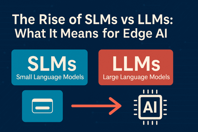 Side-by-side graphic of a small chip labeled ‘SLM’ and a larger data-center icon labeled ‘LLM’,