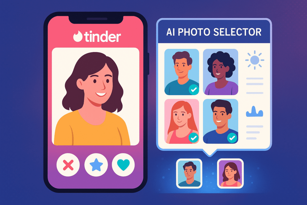 Tinder swipe UI next to highlighted best-photo thumbnails