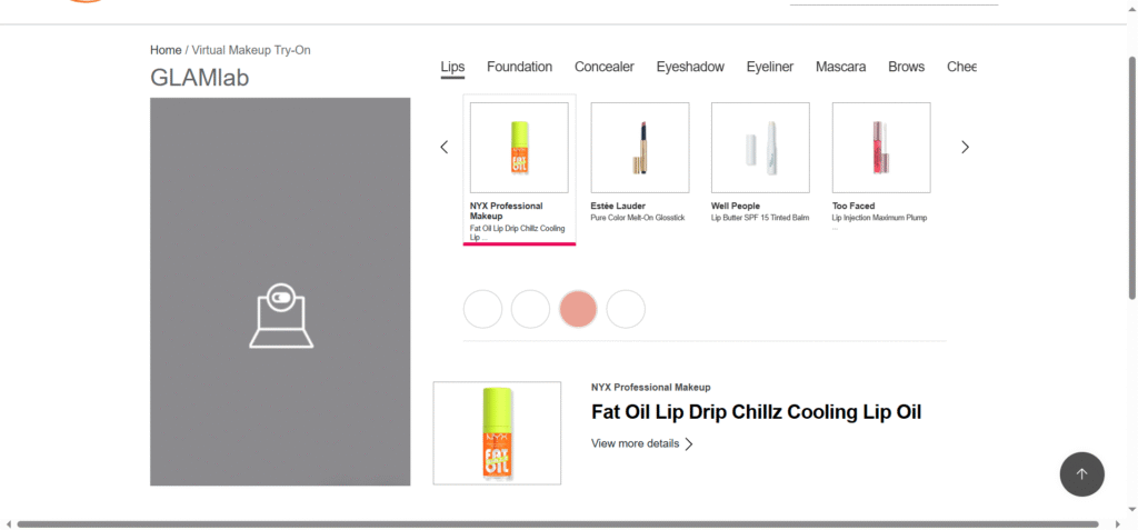 Ulta Beauty GLAMLab homepage showing virtual makeup mirror and product filters