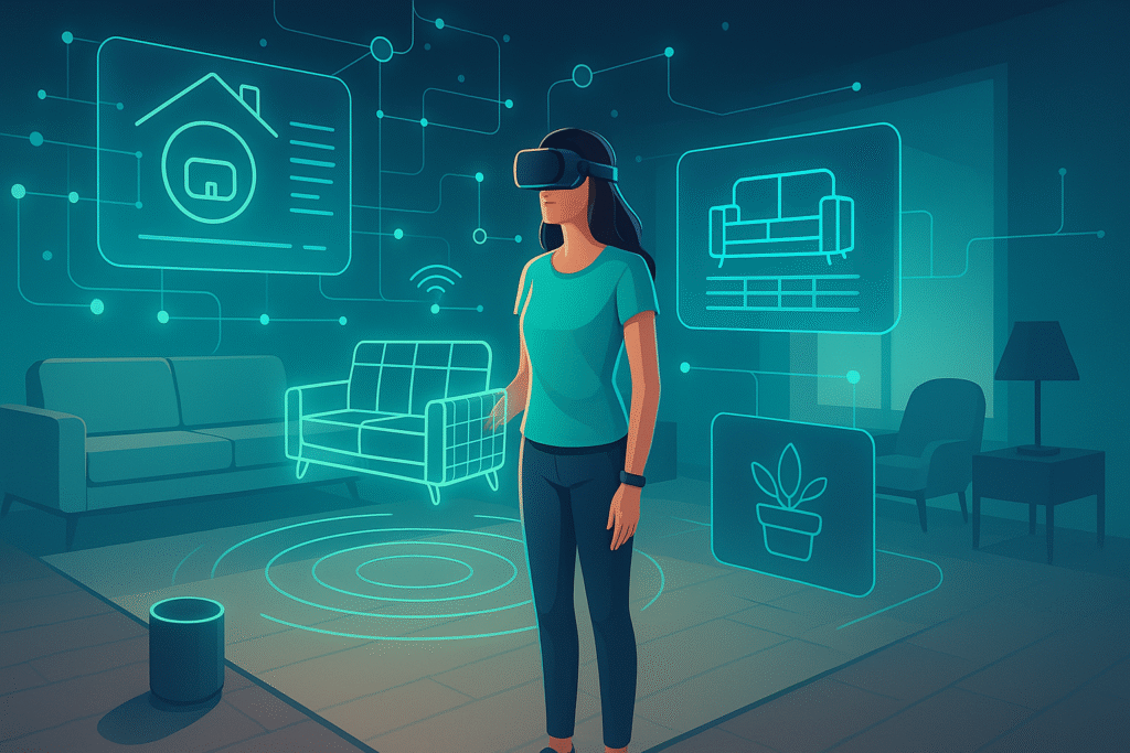 Person wearing a VR headset in a virtual living-room environment, surrounded by holographic furniture models and smart-home control icons.