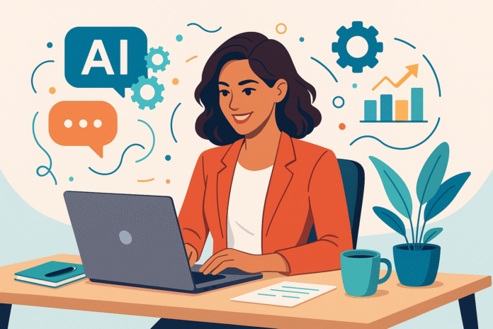 Woman at desk with AI icons floating around her