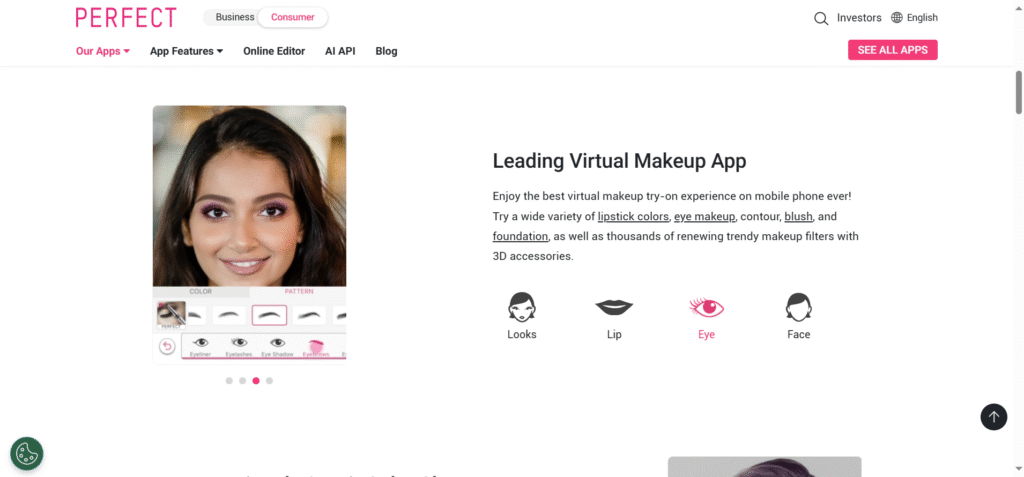 Homepage of YouCam Makeup showing AI-powered real-time beauty try-on features