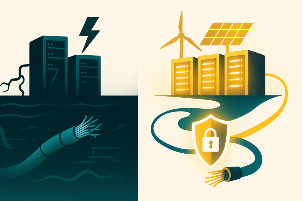 Split illustration of broken undersea cables and outages vs renewable-powered secure facilities.
