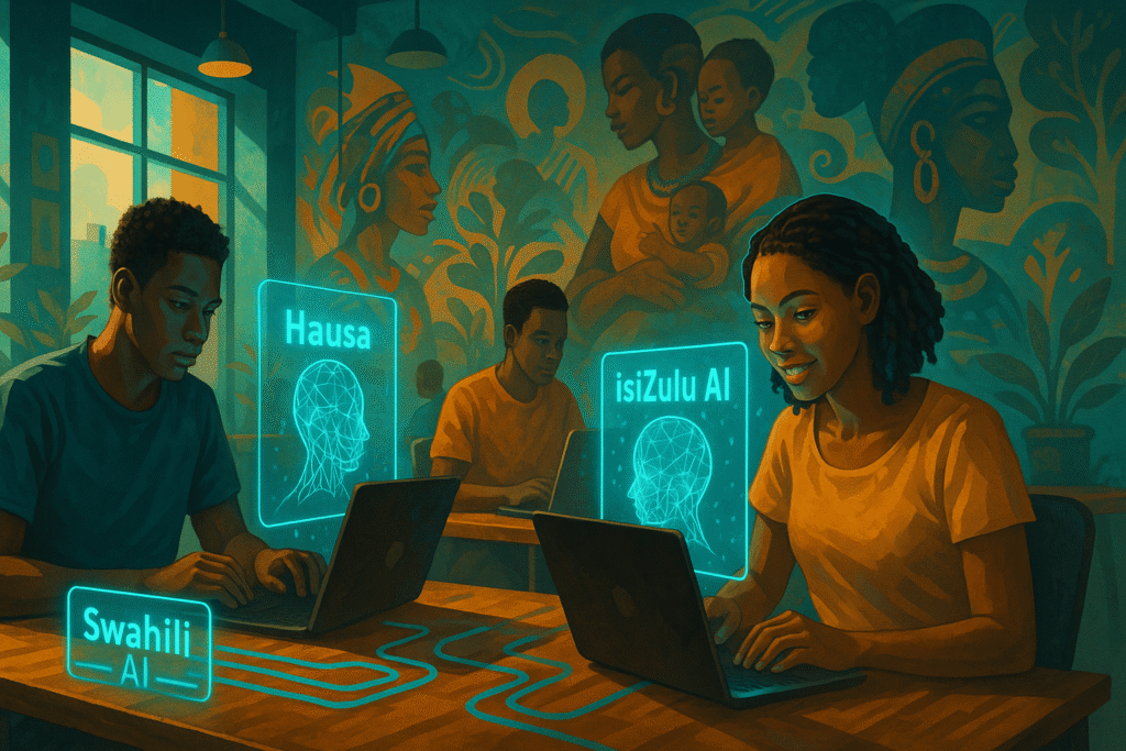 African developers coding in a co-working space with holographic AI language models in Swahili, Hausa, and isiZulu.