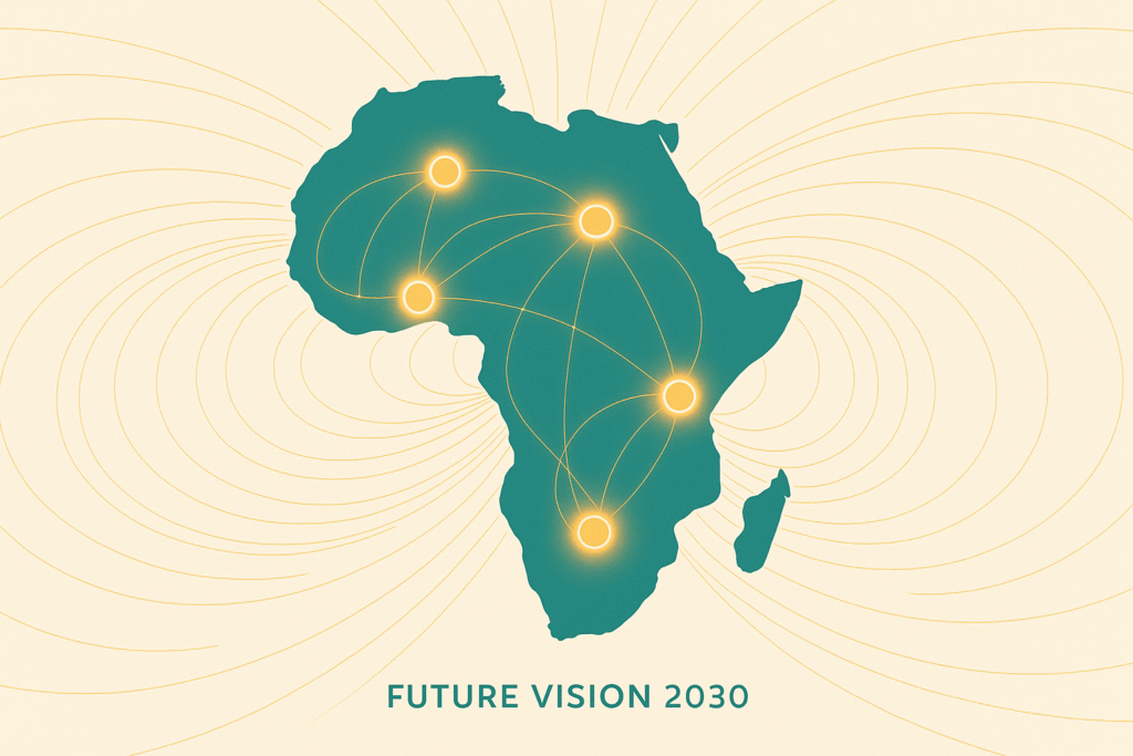 Editorial-style illustration of Africa in 2030 with glowing hubs in Lagos, Nairobi, Johannesburg, Casablanca, and Cairo interconnected by fiber-optic lines radiating globally.