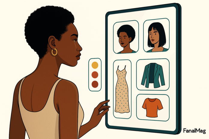 African woman using AI-powered virtual try-on mirror for makeup and fashion, futuristic editorial style.