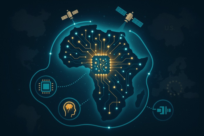 Editorial map of Africa with AI nodes, subsea cables, satellites, and external powers in the background.