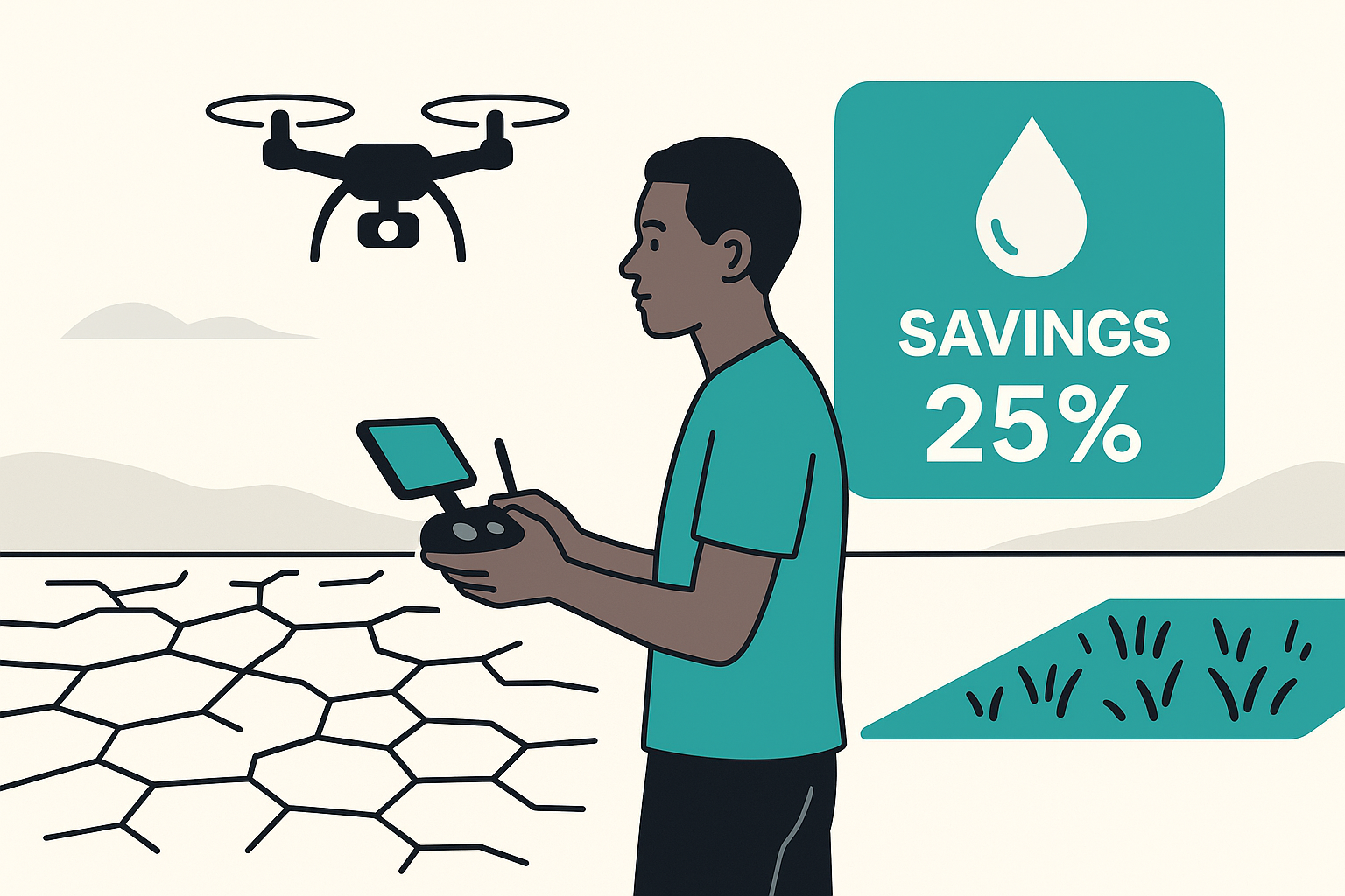 Young Kenyan farmer operating a drone over cracked soil and green crops, with teal overlay showing water savings