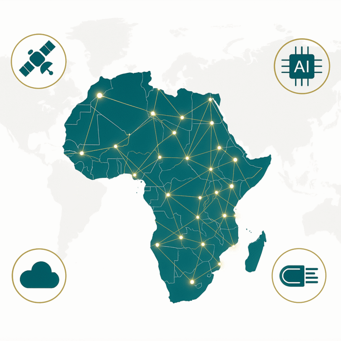 Infographic of Africa and Middle East showing AI-powered connectivity with key cities linked by fiber-optic lines and AI icons.
