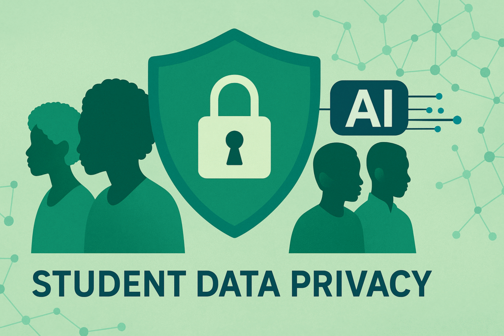 Graphic showing shield protecting student data in AI education.