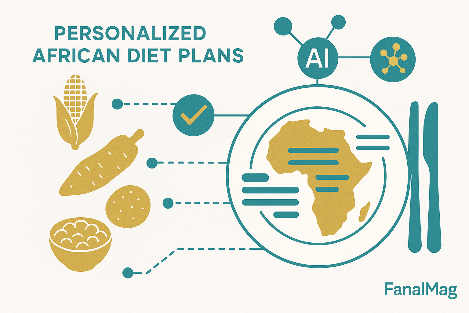 Infographic showing AI-personalised African diets with maize, cassava, yams, pulses.