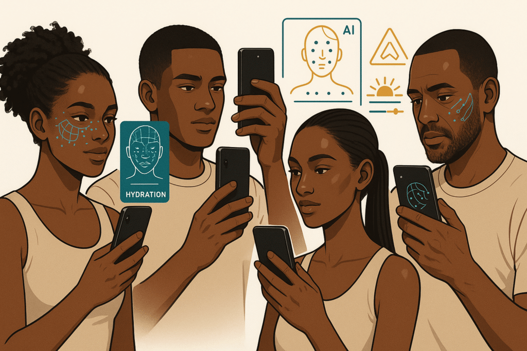 African men and women using smartphones with AI skin analysis overlays