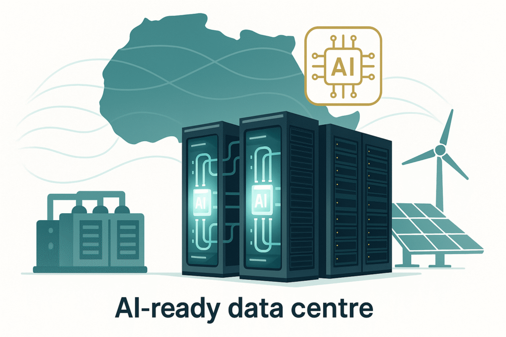 Editorial illustration of glowing GPU racks with liquid-cooling pipes, AI chip icons above, and Africa map silhouette with fibre lines in the background