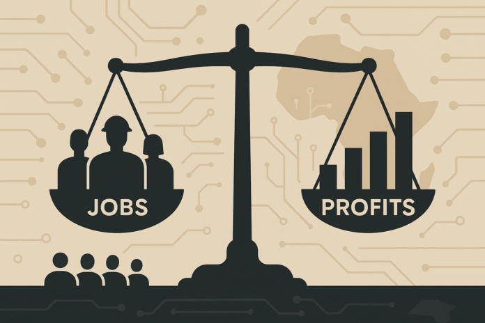 Balance scale tilting toward profits with worker silhouettes on the other side, hinting at AI-driven inequality.