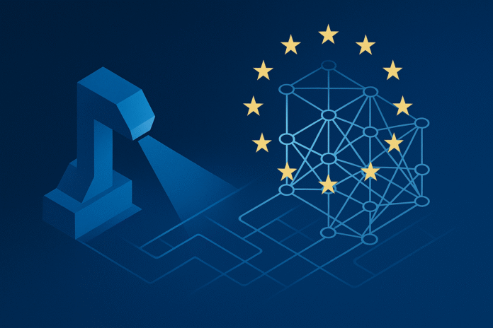 EUV tool morphing into a neural-network lattice with twelve EU stars; high-contrast, isometric, no logos.