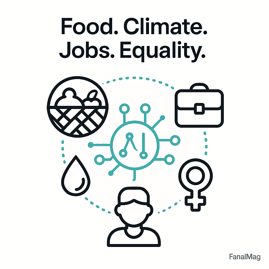 Circular cluster of four icons — a food basket, a water droplet, a briefcase for jobs, and a female gender symbol — all connected with teal dotted AI network lines.